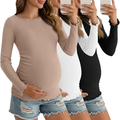 3 Pack Women's Maternity Cotton Shirts Long Sleeve - color: Khaki, White, Black, size: Small