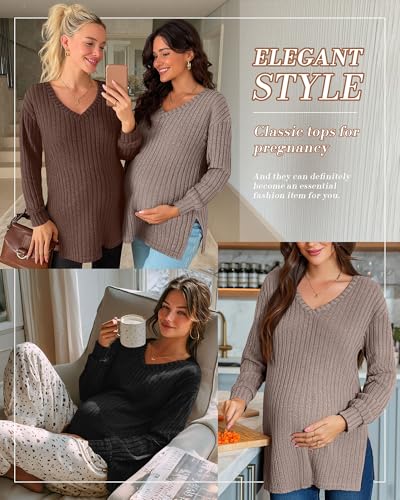 3 Pack Women Ribbed Maternity Sweaters Winter Clothes - color: Black, Dark Camel, Coffee, size: Small