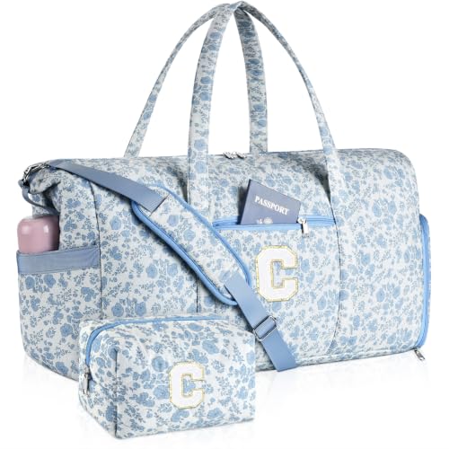 Personalized Quilted Duffle Bag for Travel Gym Weekender Hospital Carry On - color: Blue Flower, size: C