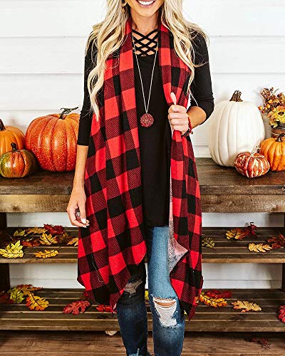Ivay Womens Plaid Open Front Sweaters Sleeveless Duster Cardigans Drape Lightweight Vest Coat with Pockets - color: Red, size: Small