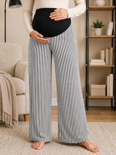 Yousify Womens Maternity Pants Casual Wide Leg Pregnancy Trousers - color: Black Striped, size: Medium