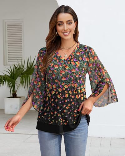 Timeson Women's 3/4 Sleeve Floral Blouses Shirts - color: Black Beige, size: Medium