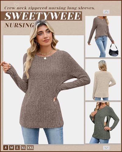3 Pack Maternity Nursing Ribbed Long Sleeve Tops - color: Army Green, Apricot, Coffee, size: Large