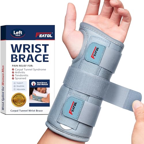 FEATOL Carpal Tunnel Wrist Brace Night Support, Adjustable Left Hand Brace - size: Medium/Large (Pack of 1), style: Left Hand -Grey