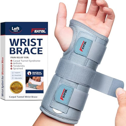 FEATOL Carpal Tunnel Wrist Brace Night Support, Adjustable Left Hand Brace - size: Medium/Large (Pack of 1), style: Left Hand -Grey
