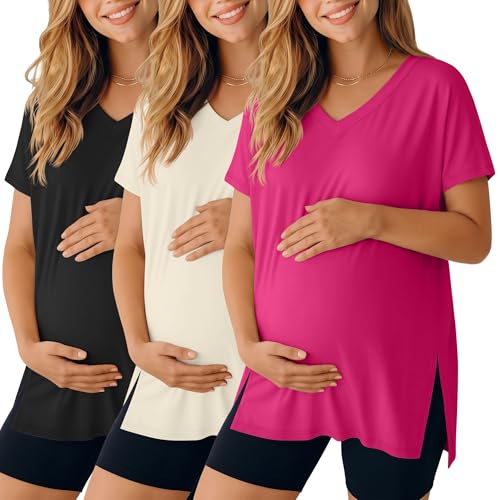 Ficerd 3 Pack Women's Maternity Shirts - color: Black, Cream, Hot Pink, size: Medium