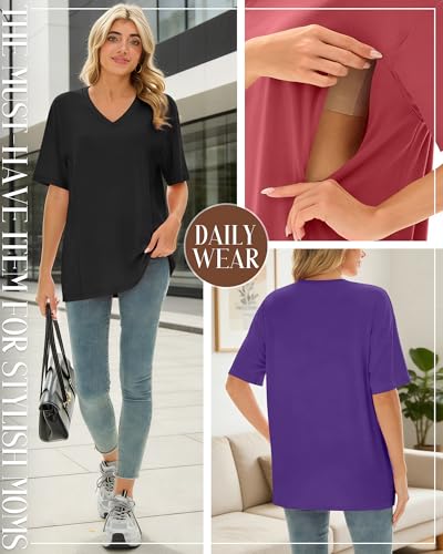 4 Pack Women's Oversize Nursing Tops - color: Light Red, Dark Purple, Light Gray, Black, size: X-Large