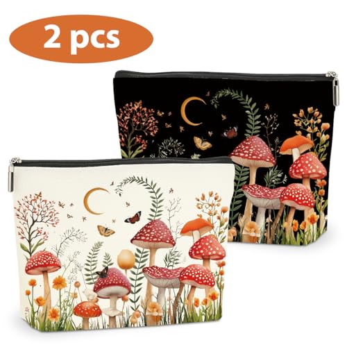 2 PCs Floral Mushroom Makeup Bag Mushroom Gifts Cosmetic Bag - color: Multicolor 0002