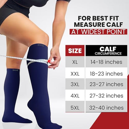 BAMS Plus Size Compression Socks Wide Calf XL XXL XXXL – Graduated Knee-High Support, Viscose from Bamboo Easy-On/Easy-Off - color: Navy, size: X-Large