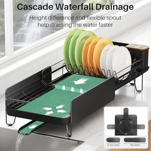 SNTD Large Dish Drying Rack for Kitchen Counter, Expandable, Black - color: Black