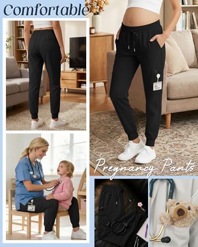 Xaatren Women's Maternity Scrub Joggers Pants with 6 Pockets - color: Black, size: Small