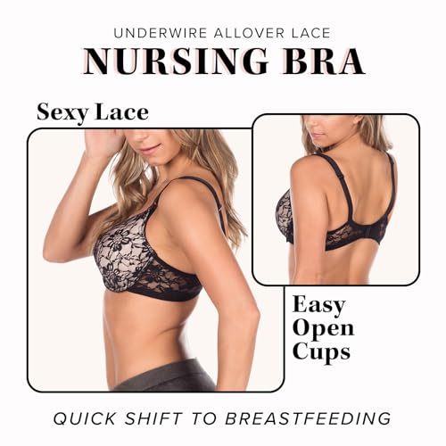 LEADING LADY, Loving Moments Lace Nursing Bra, Underwire, One Hand Nursing Clasps, Fold-Down Cups, Everyday Bra - color: Black/Beige, size: 40DD