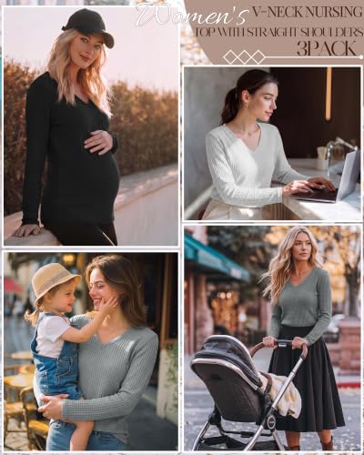 Huukeay 3 Pack Women's Long Sleeve Nursing Breastfeeding Shirts - color: Light Gray, White, Black, size: Small