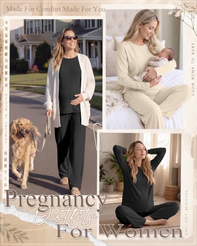 Huukeay 2 Pack Maternity Long Sleeve Pajamas Sets - color: Apricot, Black, size: Small