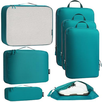 Bagail Ultralight Compression Cubes 7 Set - 3 Packing Cubes, 3 Organizers, and 1 Shoe Bag - color: The Teal, style: Cloth Pattern