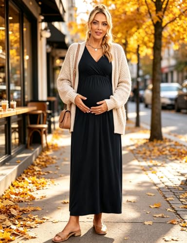 Fall Wrap V Neck Long Sleeve Maternity Maxi Dress Baby Shower - color: Black, size: Medium