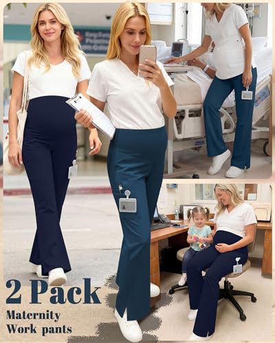 2 Pack Women's Maternity Wide Leg Cargo Scrub Pants - color: Emerald Green, Navy Blue, size: Large