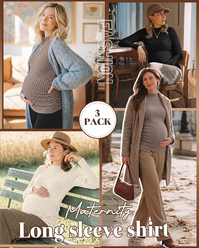 Neer 3 Pack Women's Maternity Mock Turtleneck Long Sleeve Tops - color: Khaki, Apricot, Black, size: Medium