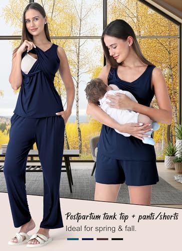 Rnxrbb 4PCS Year-Round Nursing Pajamas Robe Set Postpartum Breastfeeding Pj - color: Navy, size: Medium