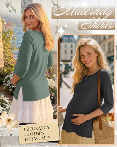 3 Pack Women's 3/4 Sleeve Maternity Loose Crewneck Tops - color: Caramel, Green, Dark Gray, size: Medium