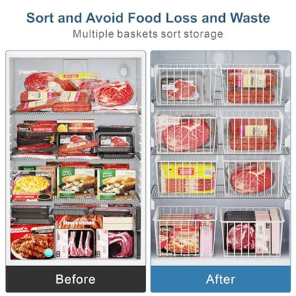 iSPECLE Upright Freezer Organizer Bins - Fits 14 to 15.5 Cu.Ft Stand up Freezer, 4 Pack Medium Upright Baskets, High-Sided Easy-View Design for Better Airflow, White