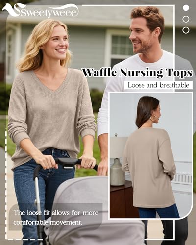 Women’s Waffle Knit Nursing Shirts Regular Fit - color: Khaki, size: Large