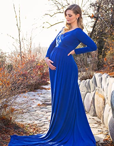 Saslax Off Shoulder Maternity Maxi Dress for Photoshoot - color: Blue, size: Large