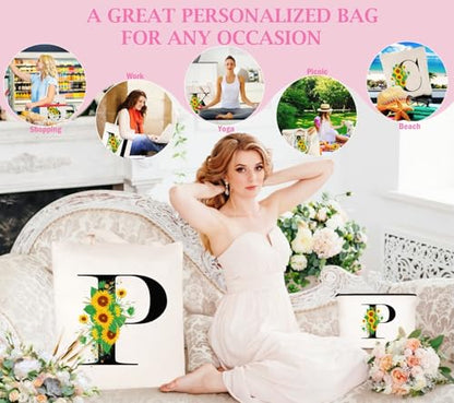 Andeiltech Initial Canvas Tote Bag Sunflower Letter Personalized Makeup Bag Monogrammed Gift for Bridesmaids Birthday Wedding - color: Sunflower Letter_p