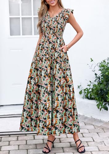 PRETTYGARDEN Women's Smocked Boho Floral Maxi Dress - color: Black, size: X-Large