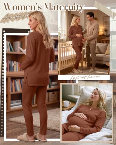 Huukeay Maternity Lounge Set Long Sleeve - color: Camel, size: X-Large