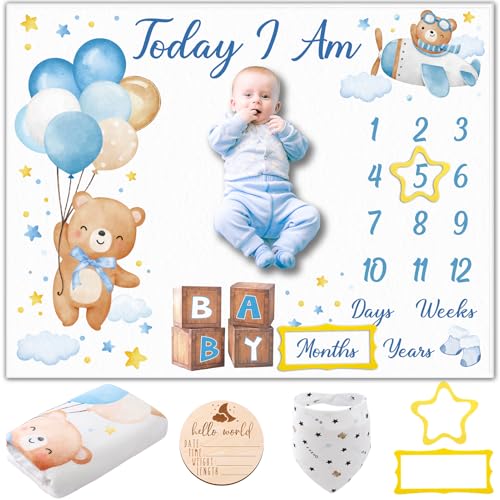 Bear Baby Monthly Milestone Blanket Bear Star Balloon Flannel Blanket