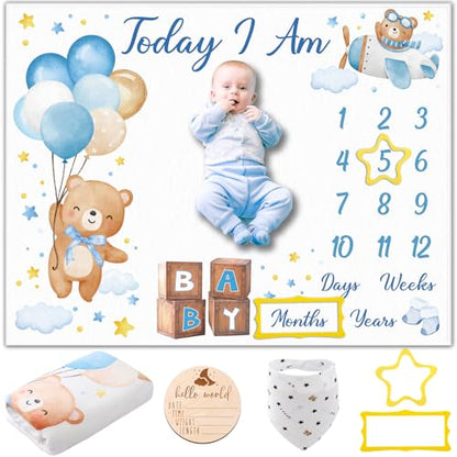 Bear Baby Monthly Milestone Blanket Bear Star Balloon Flannel Blanket