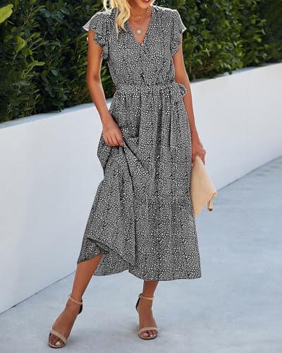 BTFBM Women Summer Casual Wrap V Neck Ruffle Cap Sleeve Belted Midi Dress - color: Black, size: Medium