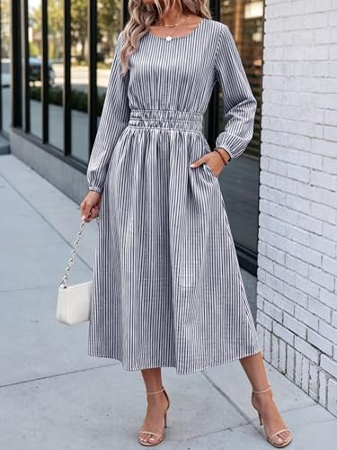 ANRABESS Women's Long Sleeve Striped Fall Midi Dress with Pockets - color: Navy White Stripe, size: Medium