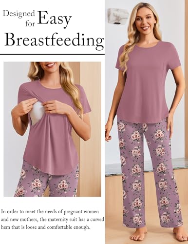 Ekouaer 3 Piece Maternity Nursing Pajamas Set Short Sleeve Breastfeeding Pjs - color: Pink Purple-flower, size: Medium