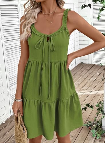 BLENCOT Maternity Dress Sleeveless Tie-Front Ruffle Strap Smocked Tiered Midi Dress with Pockets - color: Green, size: Small
