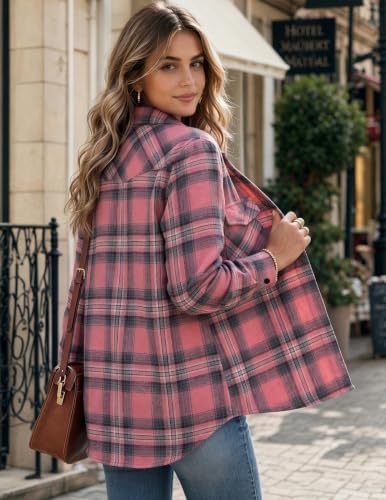 Zeagoo Flannel Shirt Women Plaid Button Down Shackets Long Sleeve Fall Tops - color: A-pink-gz720, size: X-Large