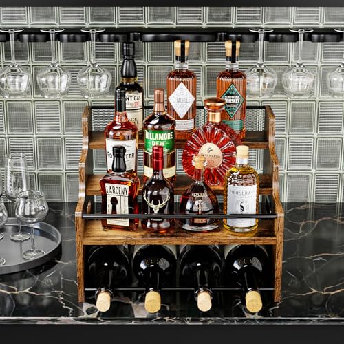 KLM 4-Tier Liquor Bottle Display Shelf,Rustic Brown Bottle Organizer - color: Brown