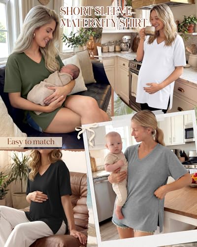 Huukeay 4 Pack Women's Maternity Shirt Loose T Shirt - color: Army Green, Light Gray, White, Black, size: Medium