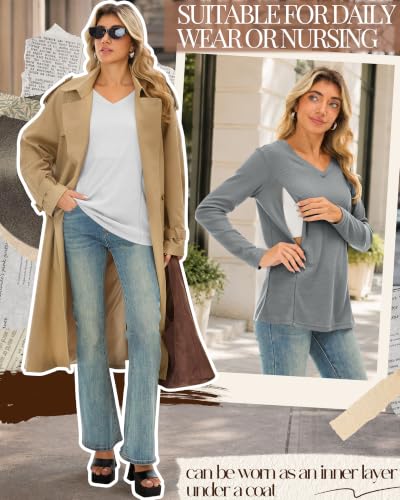 Huukeay 3 Pack Women's Long Sleeve Nursing Breastfeeding Shirts - color: Light Gray, White, Black, size: Small