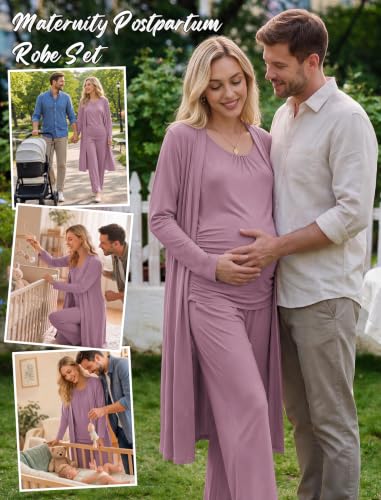 Women 3PCS Maternity Robe Sets Nursing Pajamas Postpartum Breastfeeding Pjs - color: Light Purple, size: XX-Large
