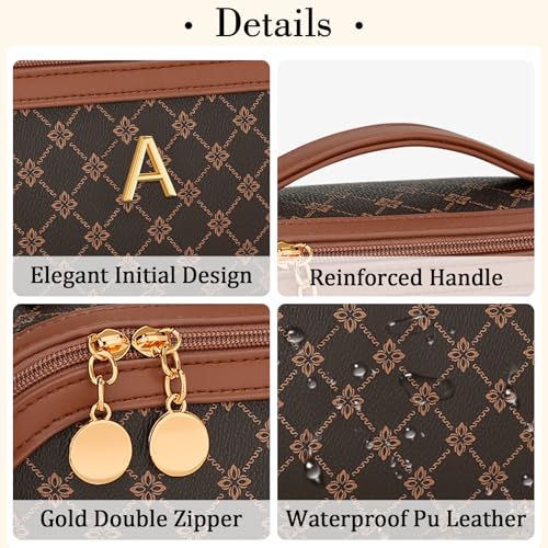 Initial Makeup Bag Personalized Gift for Women Teen Girls - color: Coffee, style: A