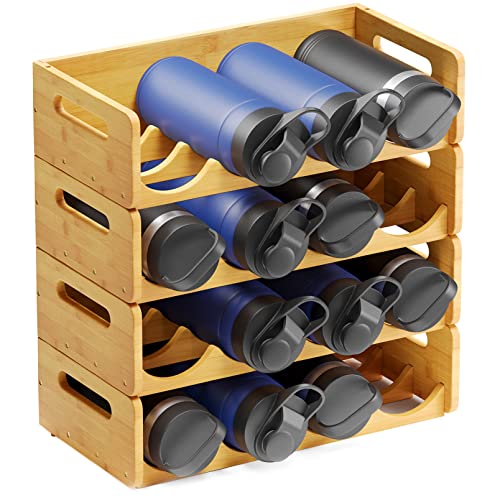 SpaceAid Bamboo Water Bottle Organizer with Labels, Kitchen Pantry Water Bottle Storage Rack for Cabinets, Home Cup and Wine Bottle Holder Shelf Organizers, 4 Pack 4-Slot, Hold 16 Bottles - size: 16 Bottles