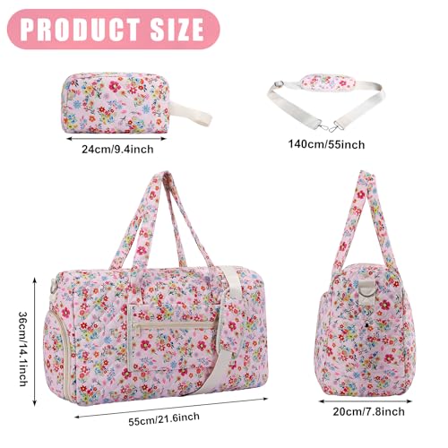 Pink Floral Quilted Weekender Duffel Bag Set with Shoe Compartment - color: Pink Print