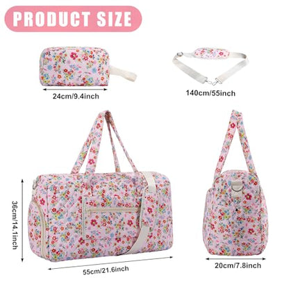 Pink Floral Quilted Weekender Duffel Bag Set with Shoe Compartment - color: Pink Print