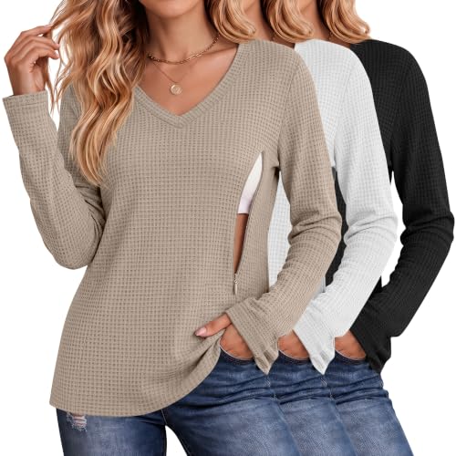 Huukeay 3 Pack Women's Long Sleeve Nursing Breastfeeding Shirts - color: Khaki, White, Black, size: XX-Large