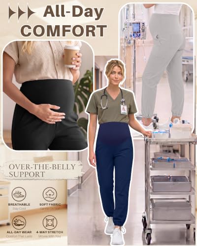 Locoowai 3 Pack Women's Maternity Jogger Scrub Pants with Pocket - color: Black, Light Gray, Navy Blue, size: Small