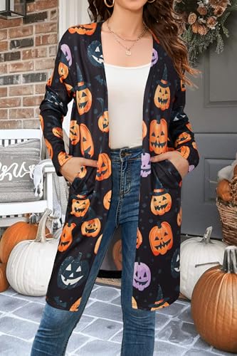 OUGES Women's Open Front Cardigan Shirt with Pockets Long Sleeve Lightweight Coat - color: Black-halloween Jack-o'-pumpkin, size: Medium
