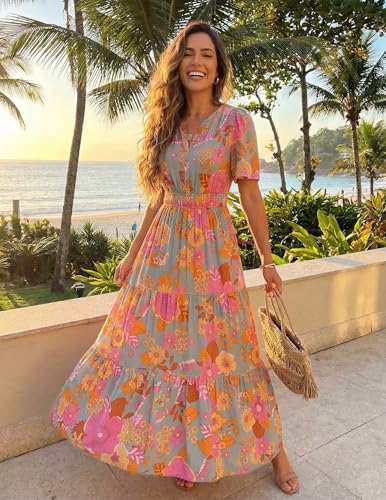 ZESICA Women's 2026 Summer Floral Boho A Line Maxi Dresses - color: Greygreen, size: Small