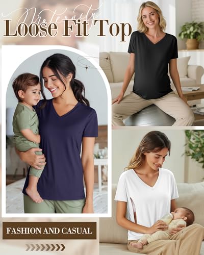 4 Pack Women's Nursing Maternity Shirts - color: Black, White, Navy Blue, Wine Red, size: Medium